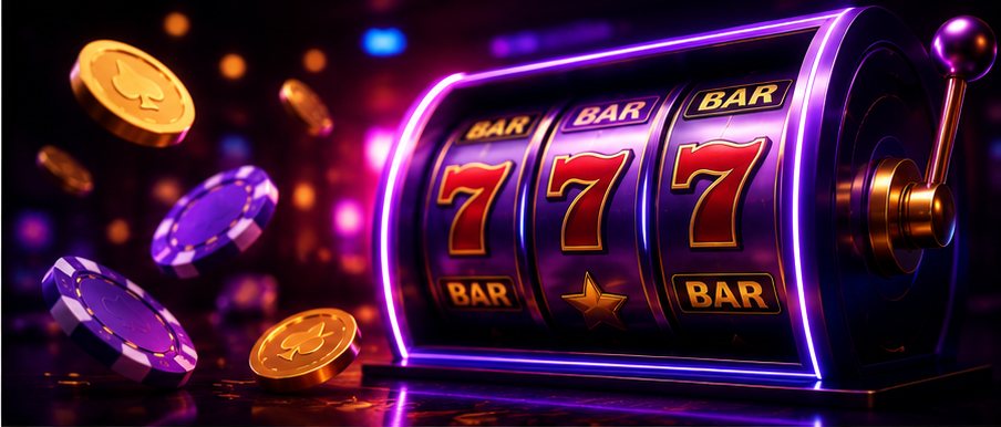 Purple neon Lumina Reels demonstration slot machine surrounded by floating chips and coins