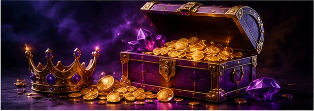 Open treasure chest overflowing with gold coins beside a jewelled crown
