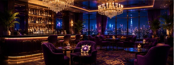 Dimly lit lounge interior with velvet chairs, a chandelier and a city view at night