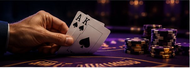 Hand holding an ace and king playing cards at a felt table with stacked chips