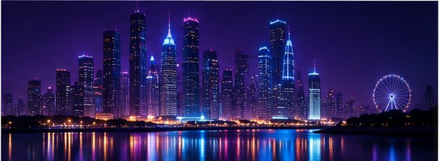 City skyline reflected over water at night in violet and blue light
